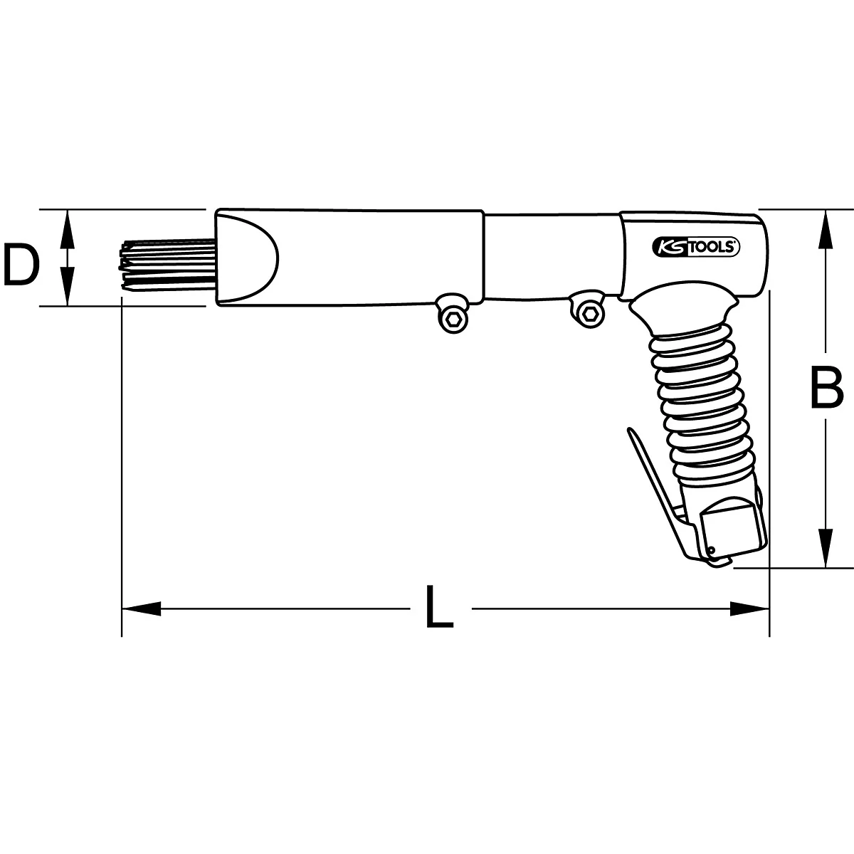 Dessin technique d'un dérocheur à aiguilles pneumatique. Les dimensions L, B et D sont indiquées.